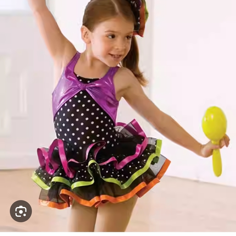 Girl's Polka Dot Dance Costume in Purple & Black with Neon Trim